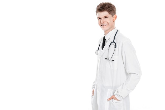 Closeupsuccessful doctor with a stethoscopeisolated on a white