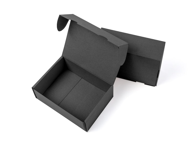 closing a stack of black cardboard boxes on a white background with clipping path