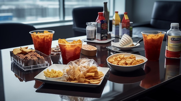 Photo clossed up menu on table with cold snacks and refreshments for business meeting in the office