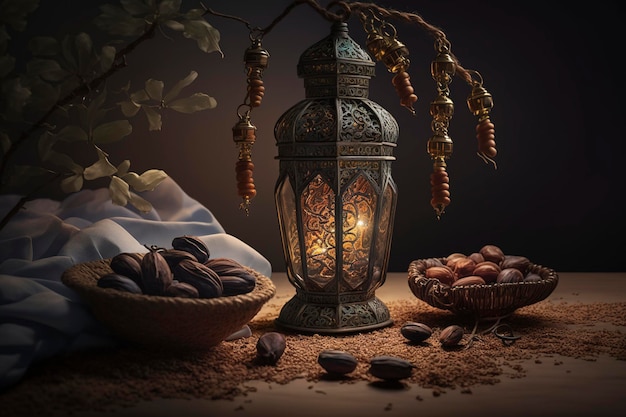 Closup of a lantern with a glowing candle inside, Islamic nuances of Ramadan Kareem