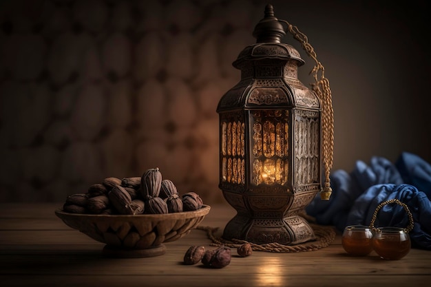 Closup of a lantern with a glowing candle inside, Islamic nuances of Ramadan Kareem
