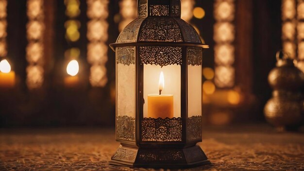 Closup of a lantern with a glowing candle inside islamic nuances of ramadan kareem