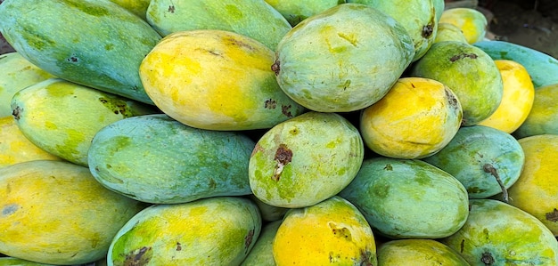 Closupmening van groene mango okrong mango anacardiaceae mangifera indica linn die in de markt verkoopt