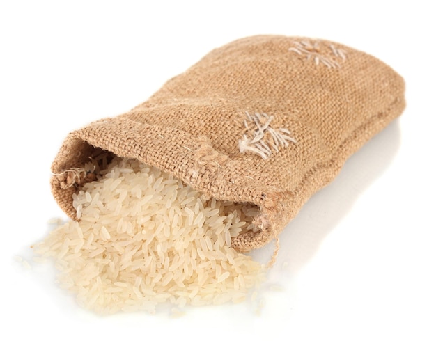 Тканевый мешок риса, изолированный на белом