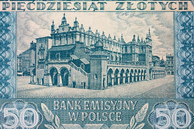 Cloth Hall in Krakow from old Polish money