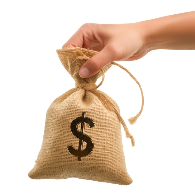 Cloth money bag in hand side view isolated on white or transparent background closeup of hand