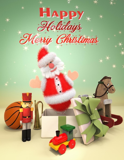 サプライズボックス内の布サンタクロース、クリスマスプレゼント、ハッピーメリークリスマス。 3Dイラスト