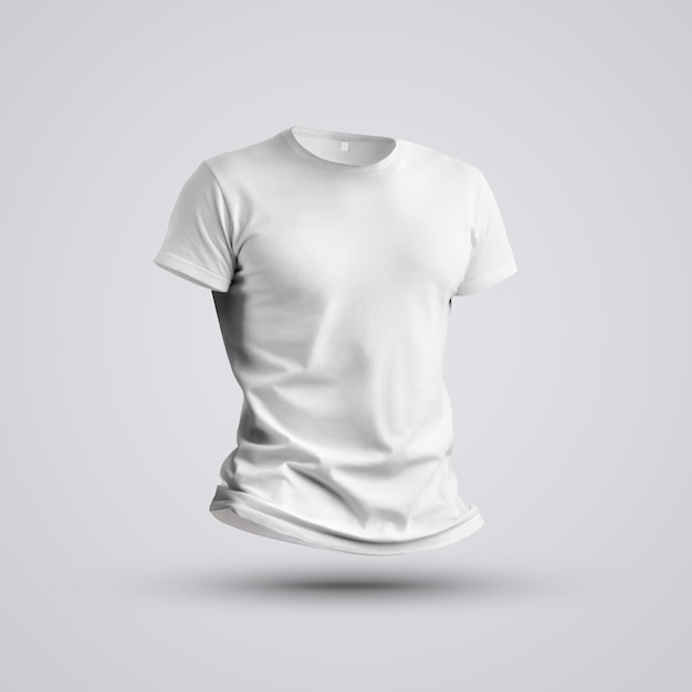 Foto modello di stoffa. visualizzazione di una t-shirt bianca su un corpo senza un uomo con ombre sullo sfondo dello studio. posa frontale. mockup pronto per l'uso nel tuo design.