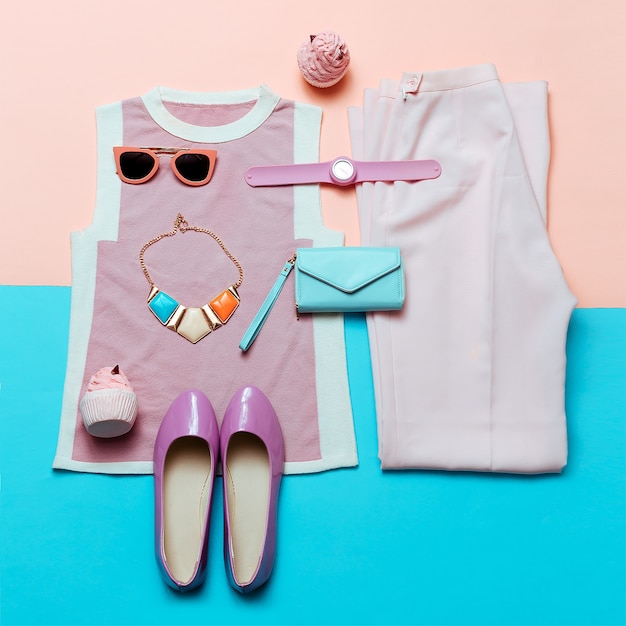 clothes and accessories. pink lady. vintage style. top view. summer trend outfit