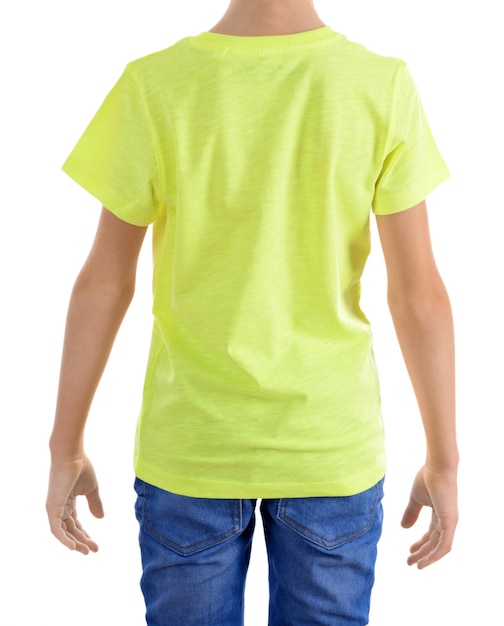 Clothes advertising Boy in yellow Tshirt and jeans isolated on white background back view