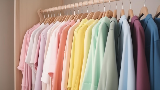 Clothes of different colors on a hanger open closet with colorful things in pastel colors home war