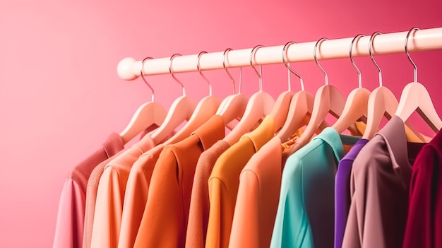 Clothes of different colors on hangers generative ai