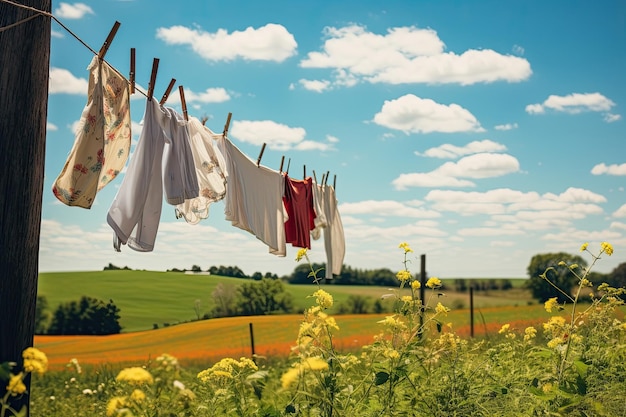 Clothes drying on clotheline in the fields outdoor