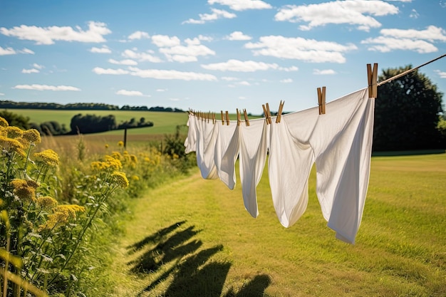 clothes drying on clotheline in the fields outdoor