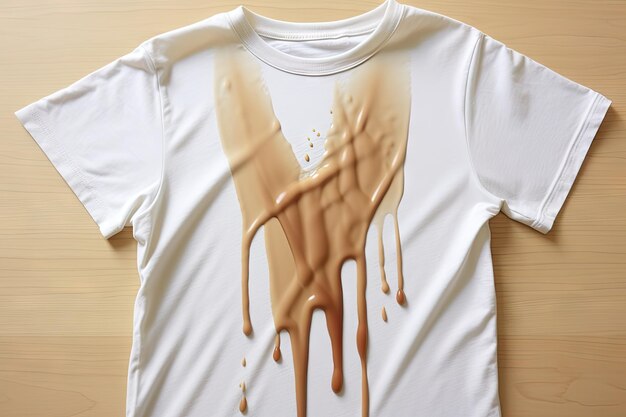 写真 衣類は食べ物で汚れコーヒーの滴がtシャツにこぼれる