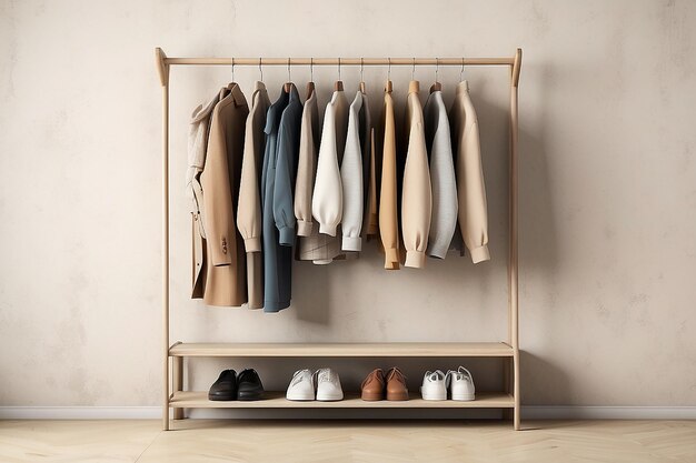 Clothes on grunge background shelf on cream background Collection of clothes hanging on a rack in neutral beige colors