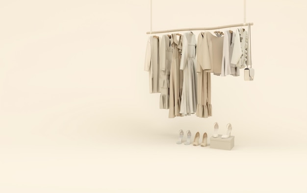 Photo clothes on a hanger storage shelf in pastel beige background collection of clothes hanging on rack