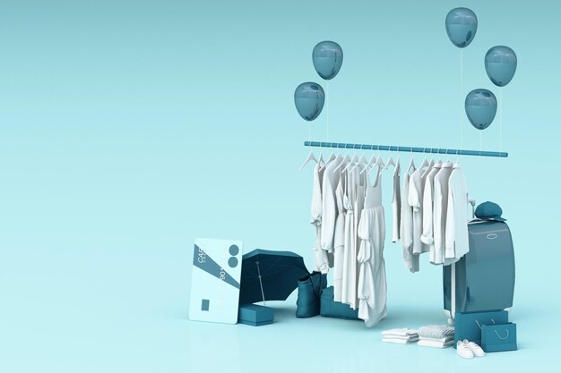 Photo clothes on a hanger surrounding by bag and market prop with credit card on the floor 3d rendering
