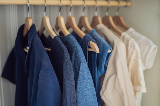 Clothes on hangers in the cabinet gradient from white to dark blue