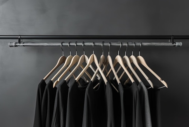 Clothes hangers on metal rail against grey background