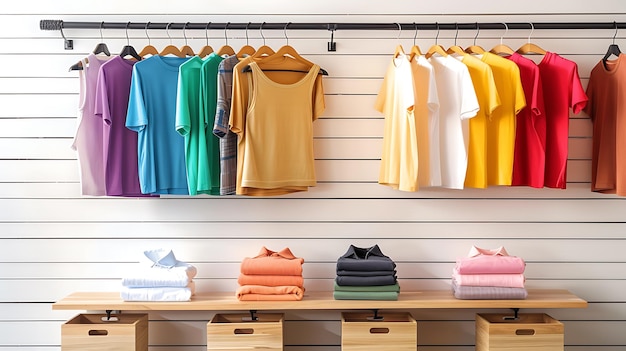 Clothes on hangers in modern dressing room