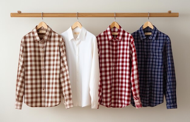 Clothes hangers with different shirts on wooden hangers in the wardrobe