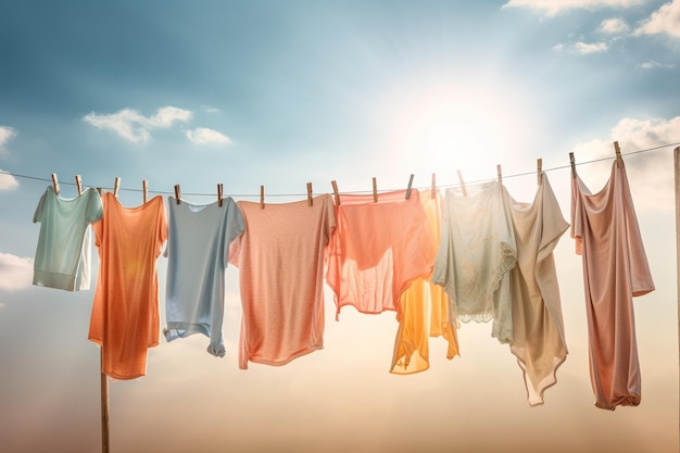 Clothes hanging on a clothes line with the sun in the background Generative AI image