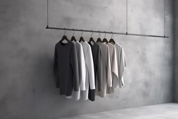 Photo clothes hanging on hanger with concrete wall background ai