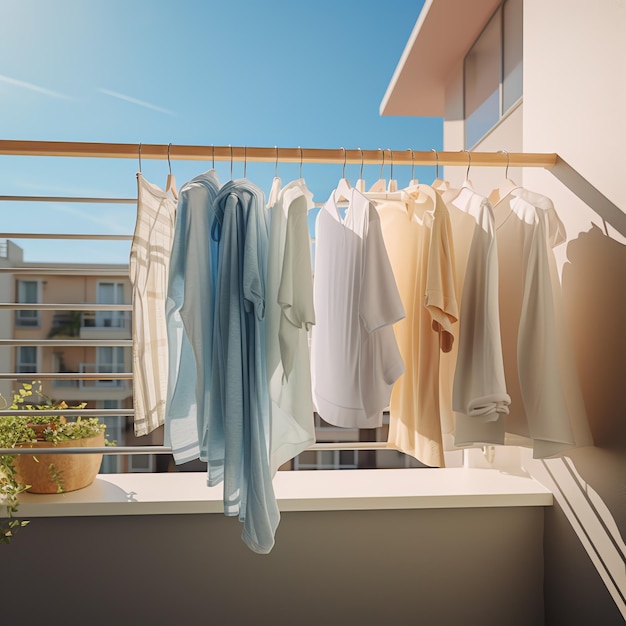 Clothes hanging on rail in balcony storage laundry cabinet beautiful design