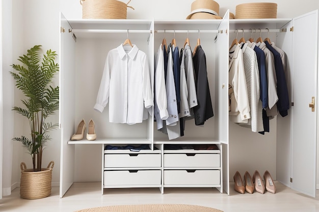 Clothes hanging on rail in white wardrobe with box and shoes