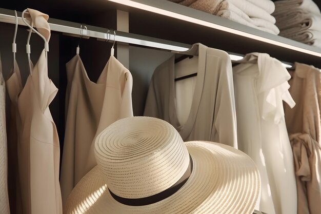 Clothes hanging on rail in white wardrobe with boxes neural network ai generated