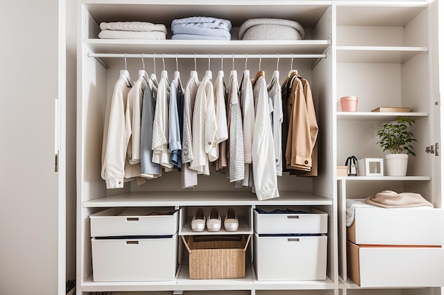 Clothes hanging on rail in white wardrobe with boxes