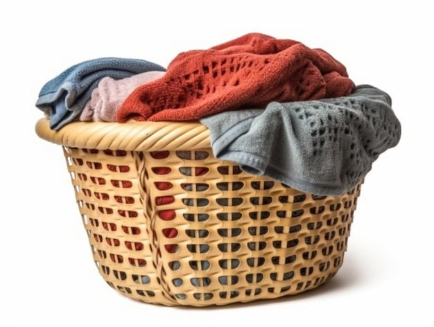 Clothes in laundry basket isolated on white background