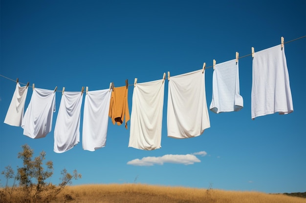 Clothes on a line dance in the wind drying naturally