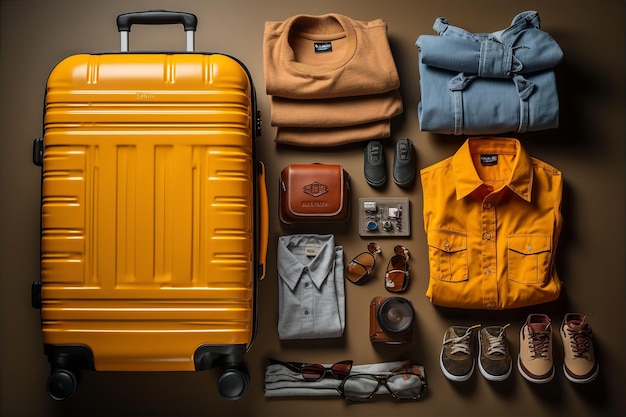 黄色のスーツケースの上面図の近くの服と靴