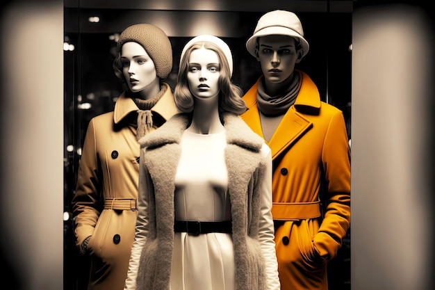 Photo clothes store window display with mannequins and models in winter coats generative ai