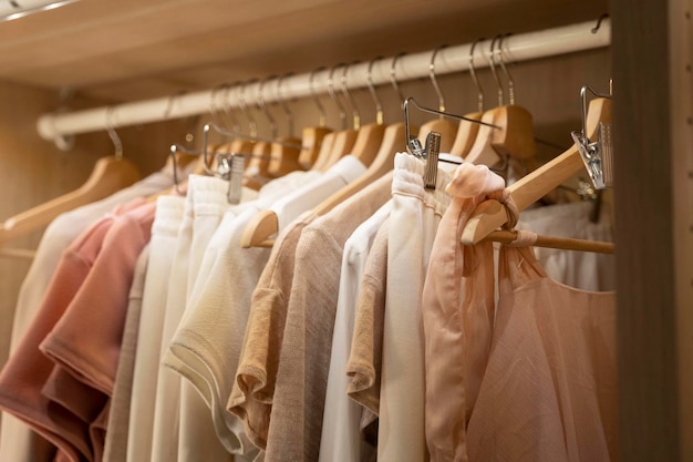 Clothes tshirts dresses hang on a hanger in the home closet