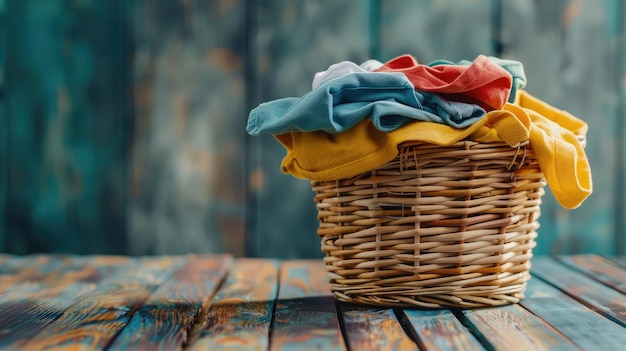 Clothes in wicker basket on wooden table at laundryHousehold chore concept