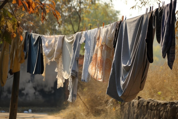 Photo a clothesline sagging with the weight of freshly dried laundry created with generative ai