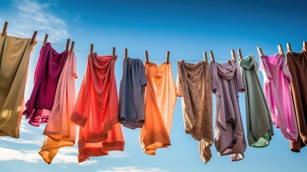 A clothesline with clothes hanging representing the everyday chore of doing laundry AI generated