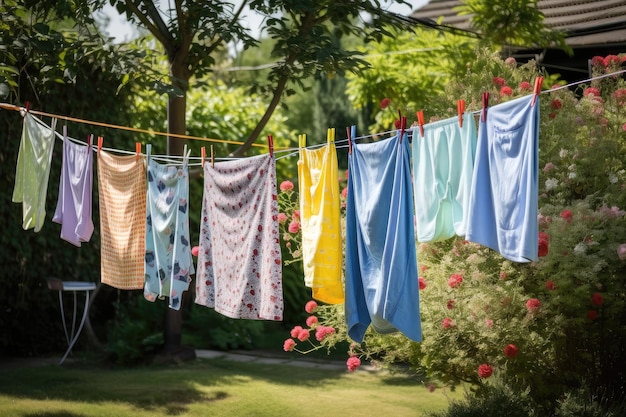 Clothesline with colorful clothes hanging in garden created with generative ai