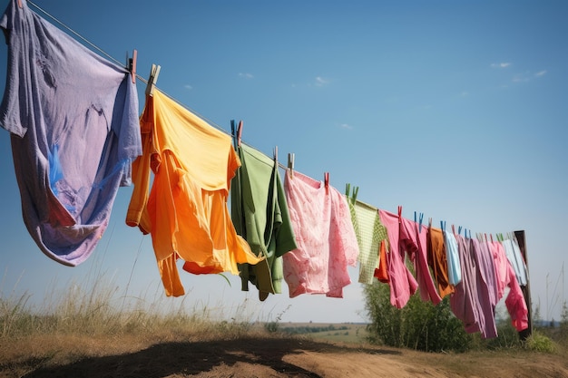 カラフルな洗濯物が風にはためく物干し竿