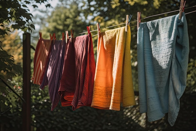 Photo a clothesline with colorful towels hanging next to each other