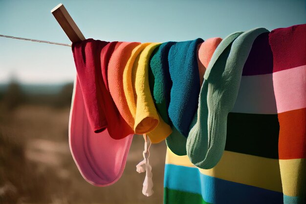 A clothesline with colorful towels and linens hanging from it