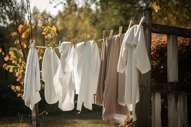 Photo clothesline with drying towels and bathrobes in the background