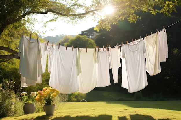 Clothesline With Freshly Laundered Bedsheets Gently Blowing Generative AI