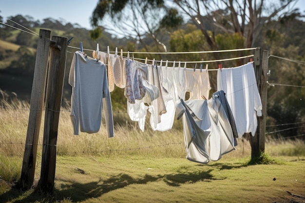 Photo clothesline with freshly laundered and dried clothes ready for use