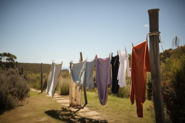 Photo clothesline with freshly laundered linens and towels drying in the breeze