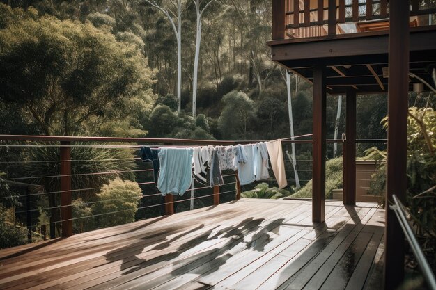 Clothesline on a wooden deck with hanging laundry and swimming pool in the background Premium AI generated image