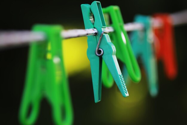 Clothespins on a clothesline in summer Dry clothes outside Clothes on a rope